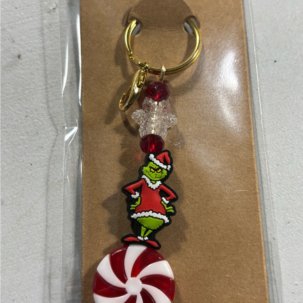 Grinch Christmas Keychain with Red and White Charm